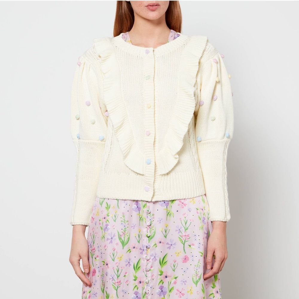 Olivia Rubin Rou Cream‎ Pompom Ruffle Knit Cotton Cardigan XS Playful Feminine